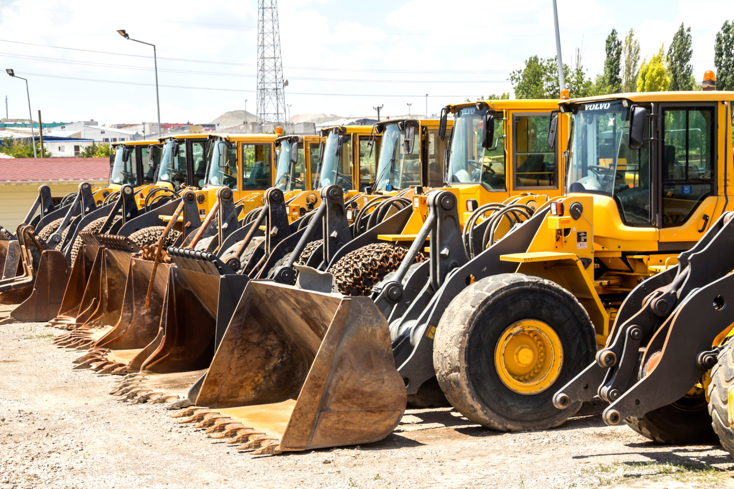 Multiple Volvo tractors ( JCB ) all in a row on a heavy equipment auction 